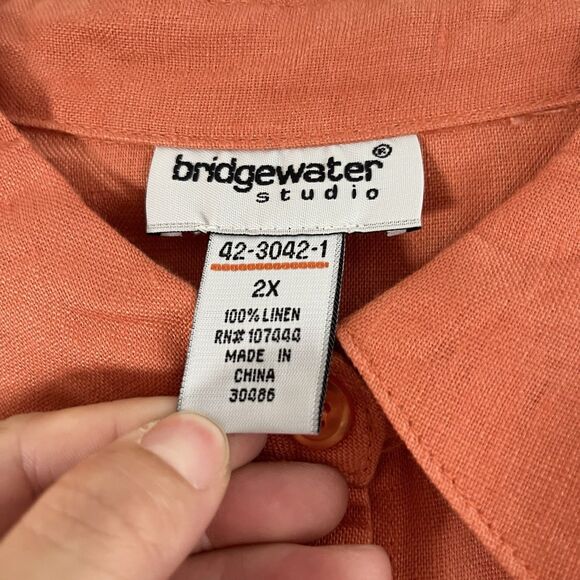 Bridgewater Studios 100% Linen Top Womens 2X Orange Shirt Button Up Long Sleeves - Picture 5 of 8
